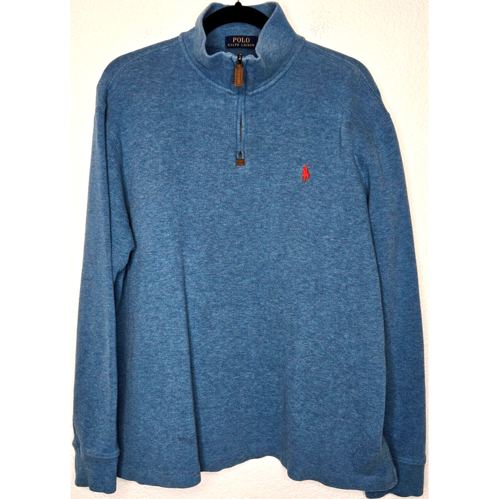 Polo Ralph Lauren Sweater Mens Large Blue Cotton 1/4 Zip Knit Shirt Preppy‎ Soft